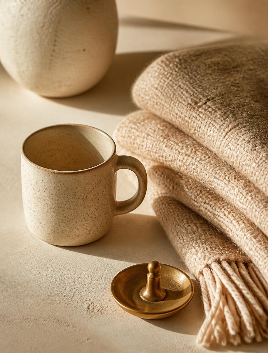 Ceramic mug, wool throw and brass dish on a bone surface