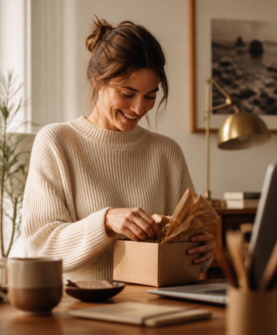 A person opening a small parcel at their desk