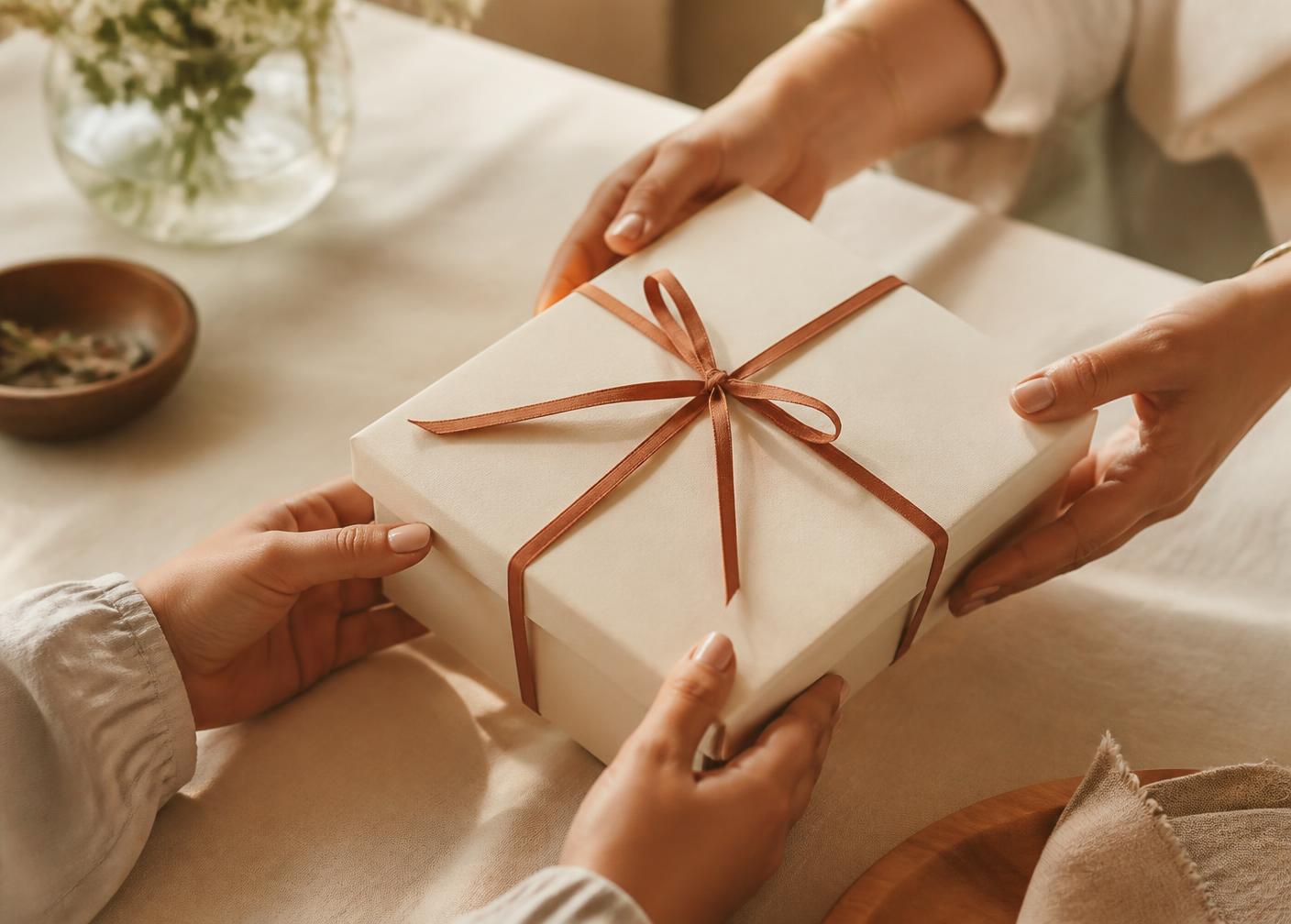 Two people passing a cream gift box tied with a terracotta ribbon
